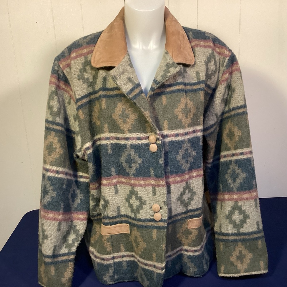 Woolrich Green Multi-Pattern Wool Jacket with Tan Suede Collar